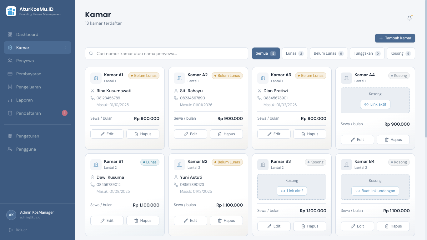 Tampilan aplikasi untuk mendaftarkan kamar